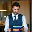 Happy hotel manager checking new bookings